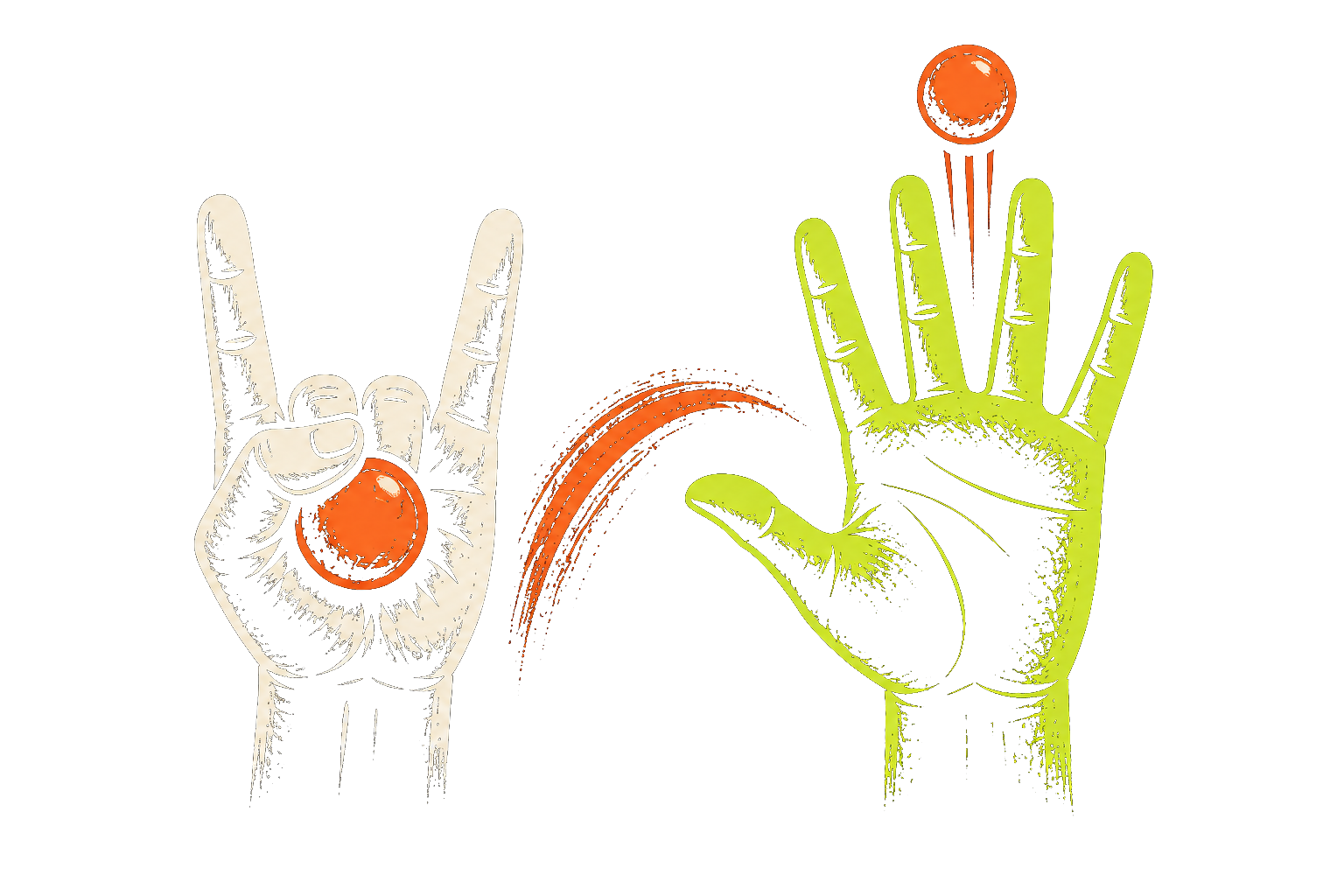 ROCK sign holding the ball, then an open hand releasing it above the middle and ring fingers